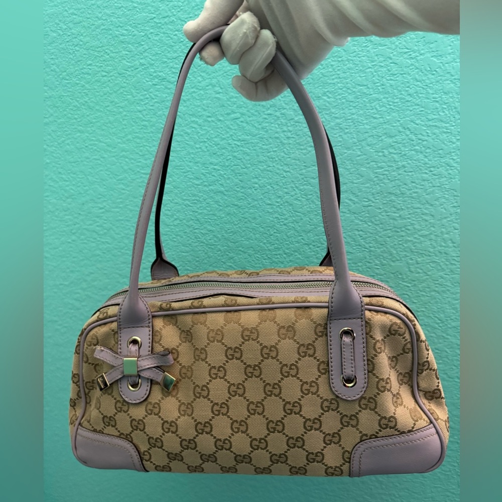 Gucci Small Medium Zip Top Shoulder Bag in GG Canvas and Leather Trim, Lilac